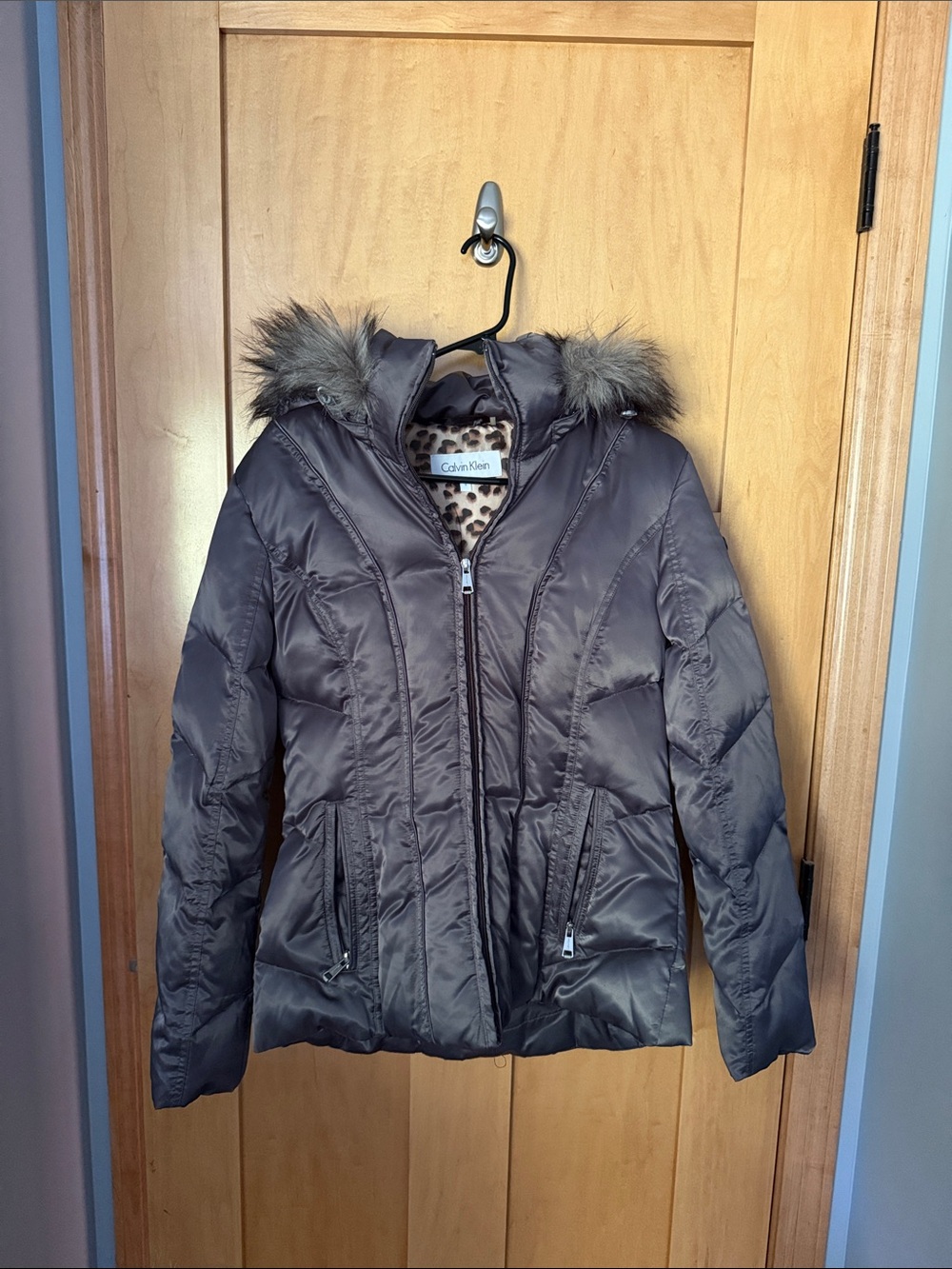 Calvin Klein Women's Grey/Silver Puffer Jacket with Faux Fur Hood